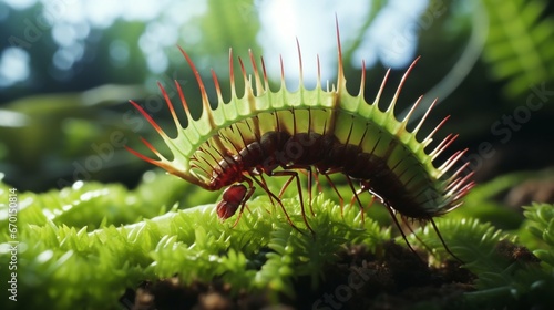 A macro shot of a Venus Flytrap's deadly trap closing around an insect, displaying its remarkable speed and precision in full ultra HD photo