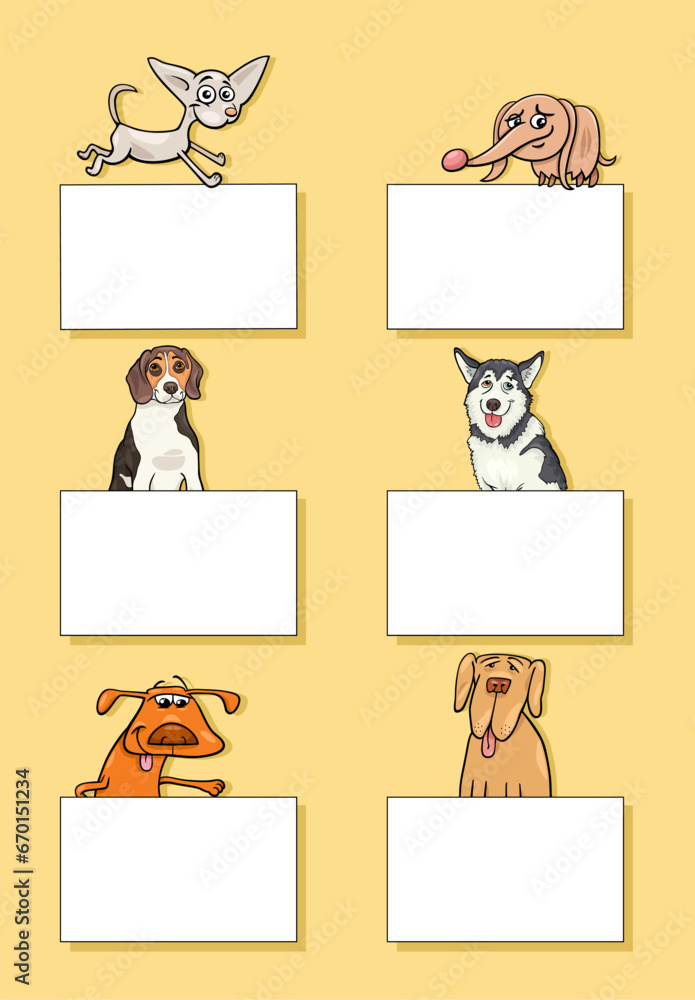 cartoon dogs and puppies with cards design set