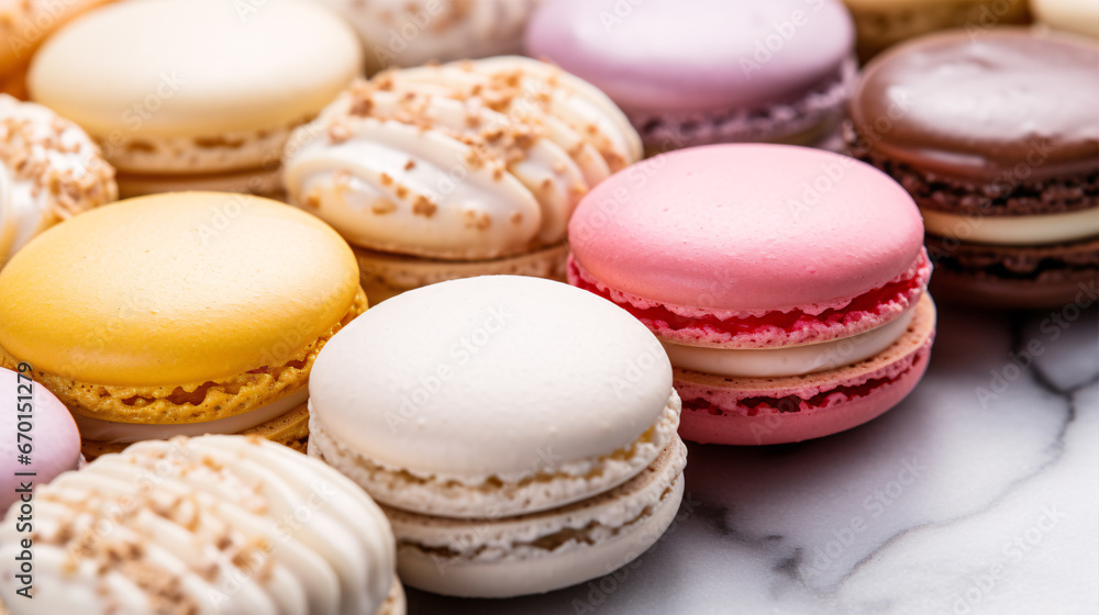 Gorgeous macro of delectable macarons assortingly displayed on a marble top, ideal for food lovers and sweet-toothed persons. Gorgeous macro of delectable macarons assortingly displayed on a marble top, ideal for food lovers and sweet-toothed persons.