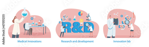 Isolated Elements With Laboratory Innovation, Research and Development Scenes. Scientists Characters Working