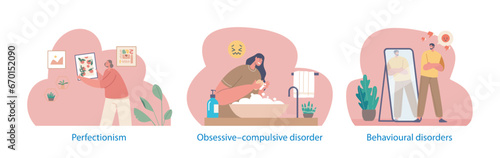 Isolated Elements With Character Suffer of Obsessive-compulsive Disorder, Ocd. People Meticulously Hangs Picture On Wall