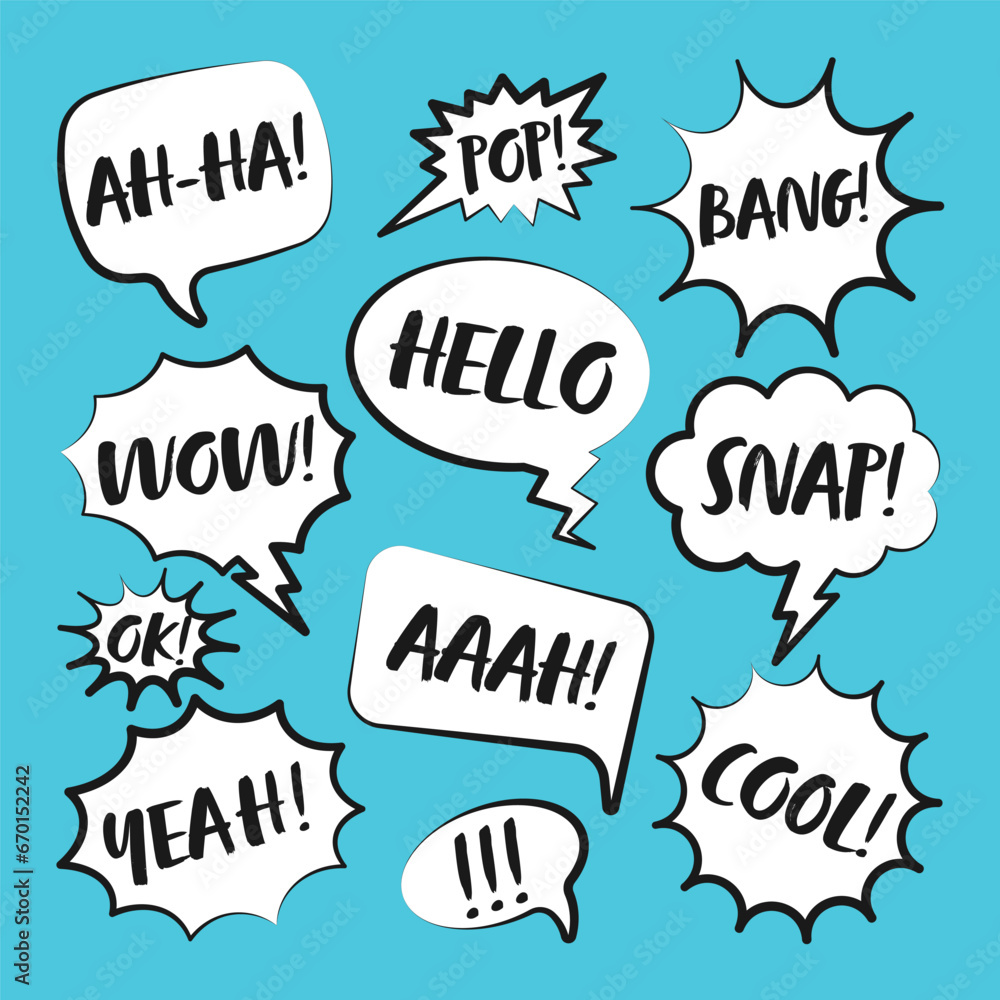 Comic speech bubbles with handwritten text. Outline, hand drawn retro cartoon stickers on blue background. Chatting and communication, dialog elements. Pop art style. Vector illustration Comic speech bubbles with handwritten text. Outline, hand drawn retro cartoon stickers on blue background. Chatting and communication, dialog elements. Pop art style. Vector illustration