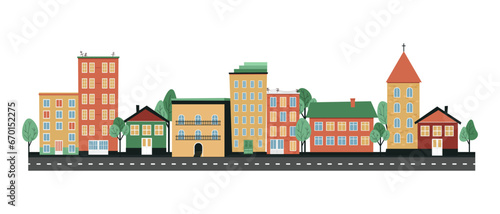 Buildings of various shapes along the street are high-rises and private houses. Urban space panorama. Vector flat illustration.