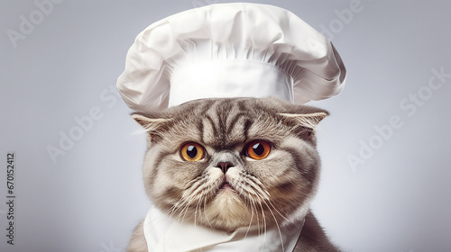 Cute serious gray cat in white chef's hat on gray background. Cat in the form of cook. Copy space. Close-up. © Marina_Nov