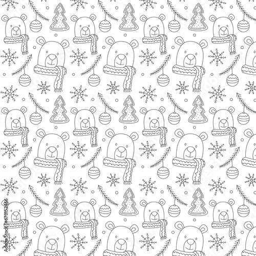 Seamless pattern with cute polar bear  fir branch  Christmas toy. Winter kids character bear cub in warm scarf. Christmas design of paper  fabrics  textiles  wallpaper. Vector illustration  doodle