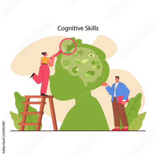Cognitive skill. Human cognitive function, ability or capacity to process data. Intellect development. Motor and learning skill, memory and attention span. Flat vector illustration