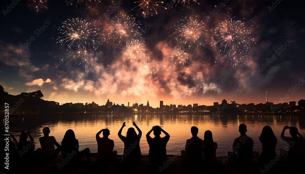 Fototapeta premium Fireworks with people in the foreground watching