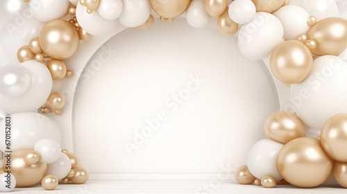 Generative AI, arch of white and golden balloons. Mock up for wedding, Christmas or other holiday 3d background 