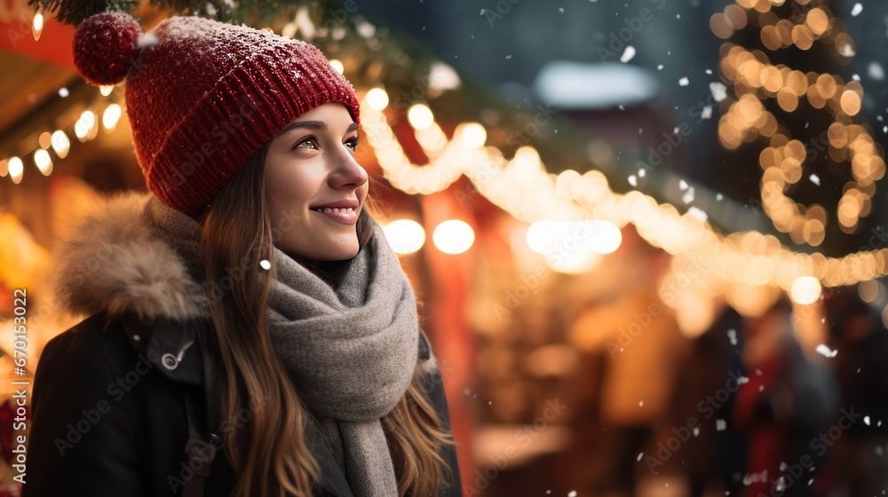 An attractive young white woman standing outside in the snow and enjoying Christmas Market generative ai