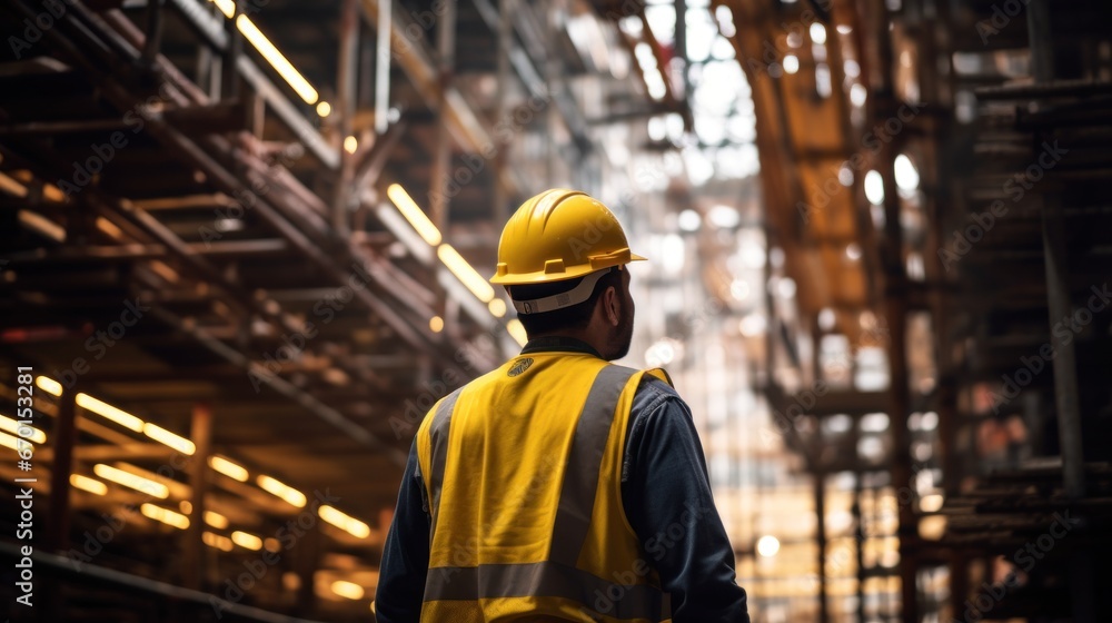Skilled Engineer in Yellow Safety Vest at Lively Construction Site Skilled Engineer in Yellow Safety Vest at Lively Construction Site