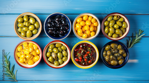 vue de dessus de bols remplis de différentes préparation d'olives verte et noires aux herbes sur une table en bois de couleur bleu photo