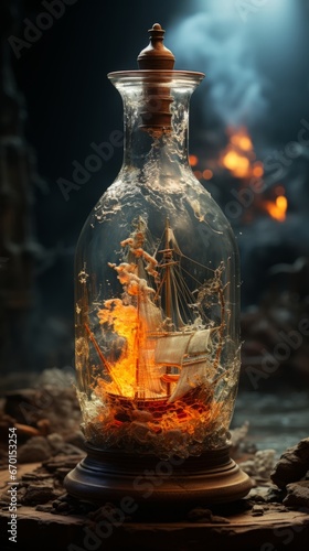 Burning ship in a bottle