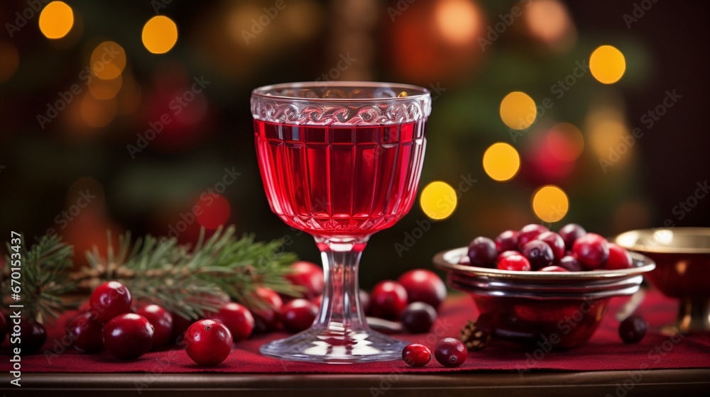Cranberry cocktail in festive and elegant tall glass on blurred shiny glowing celebration background, Crystal cranberry juice on blurred sparkling Christmas tree background. Cranberry cocktail in festive and elegant tall glass on blurred shiny glowing celebration background, Crystal cranberry juice on blurred sparkling Christmas tree background.