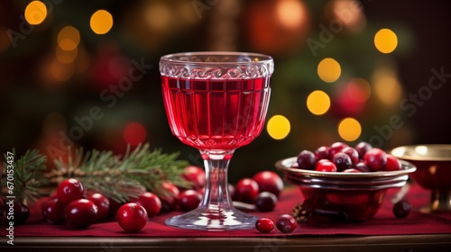 Cranberry cocktail in festive and elegant tall glass on blurred shiny glowing celebration background, Crystal cranberry juice on blurred sparkling Christmas tree background.