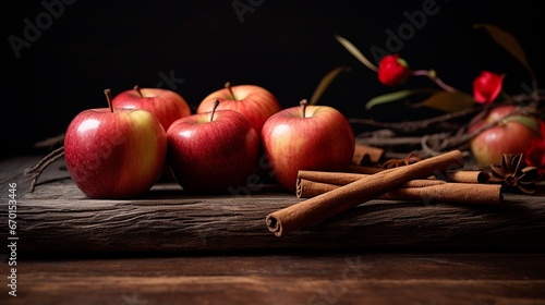 Cinnamon sticks and ripe apples on a wooden background, rustic and earthy apple cinnamon setting background, Winter holidays special, with copy space.