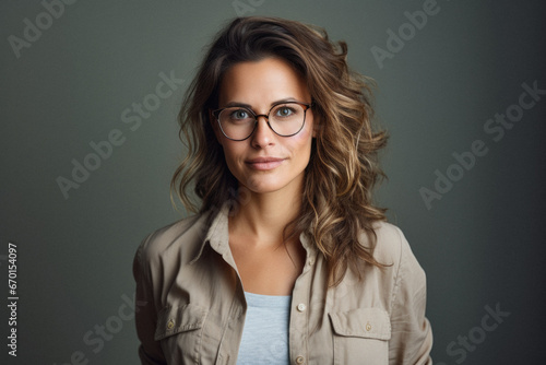 Portrait of a beautiful young business woman with long curly hair wearing glasses.