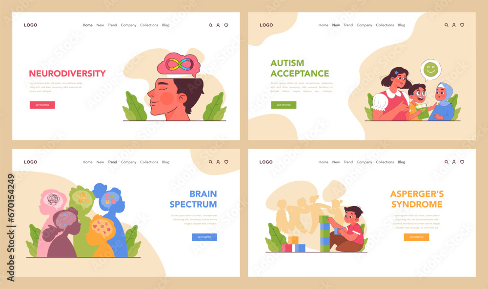 Neurodiversity web banner or landing page set. Cognitive development spectrum. Mental health awareness. Sociability, learning ability, attention span, mental disorders. Flat vector illustration