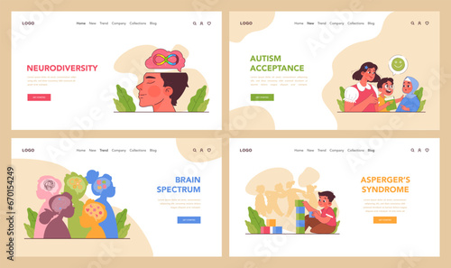Neurodiversity web banner or landing page set. Cognitive development spectrum. Mental health awareness. Sociability, learning ability, attention span, mental disorders. Flat vector illustration
