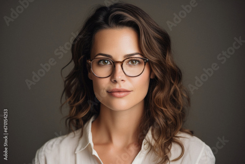 Portrait of a young business woman in glasses on a gray background.