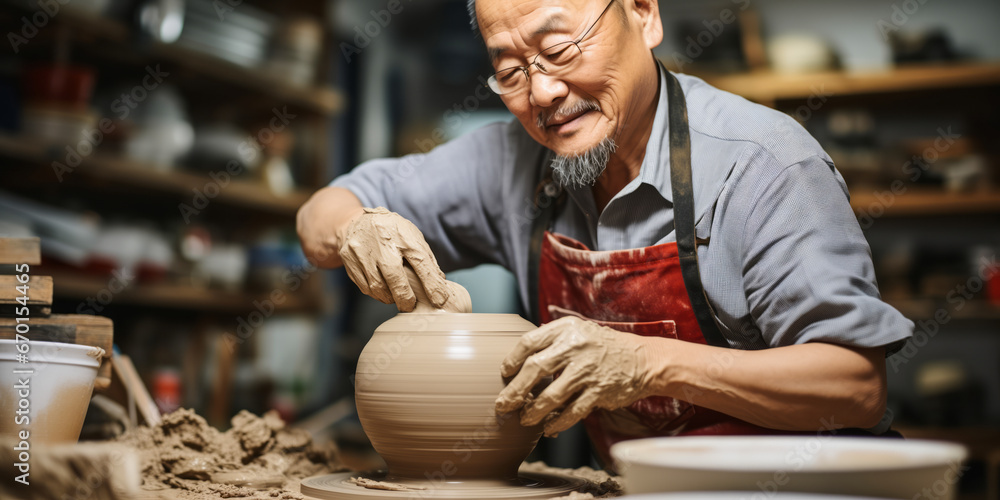 Chinese Elderly Man's Artistry in Pottery-Making at Craft Studio Chinese Elderly Man's Artistry in Pottery-Making at Craft Studio