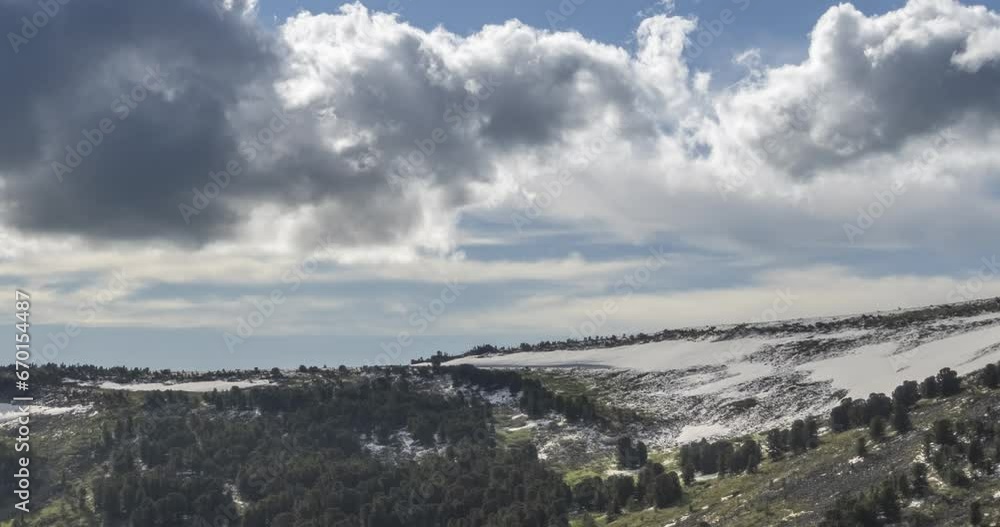 Time lapse of cloudscape behind of the mountains top. Snow, rocks, cliffs and deep blue sky. High altitude. Camera motion. Time lapse of cloudscape behind of the mountains top. Snow, rocks, cliffs and deep blue sky. High altitude. Camera motion.