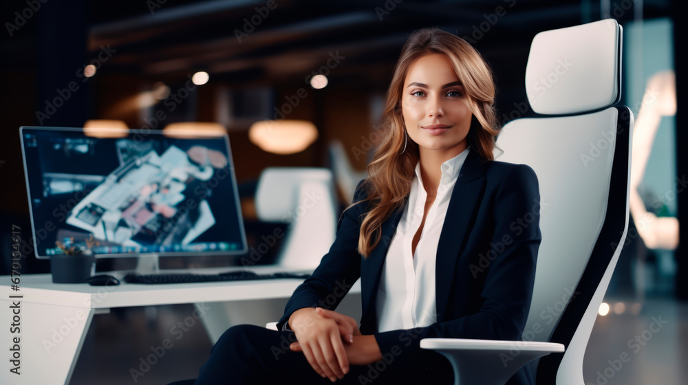 Cheerful businesswoman office employee at corporate workspace office, sits beside her computer, smiling and looking directly the camera Cheerful businesswoman office employee at corporate workspace office, sits beside her computer, smiling and looking directly the camera