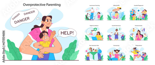 Overprotective parenting set. Children and parents in various situations experiencing anxiety, anger or confusion. Boys and girls suffering from excessive care. Flat vector illustration