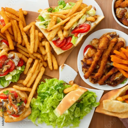 Different types of fast food in different view