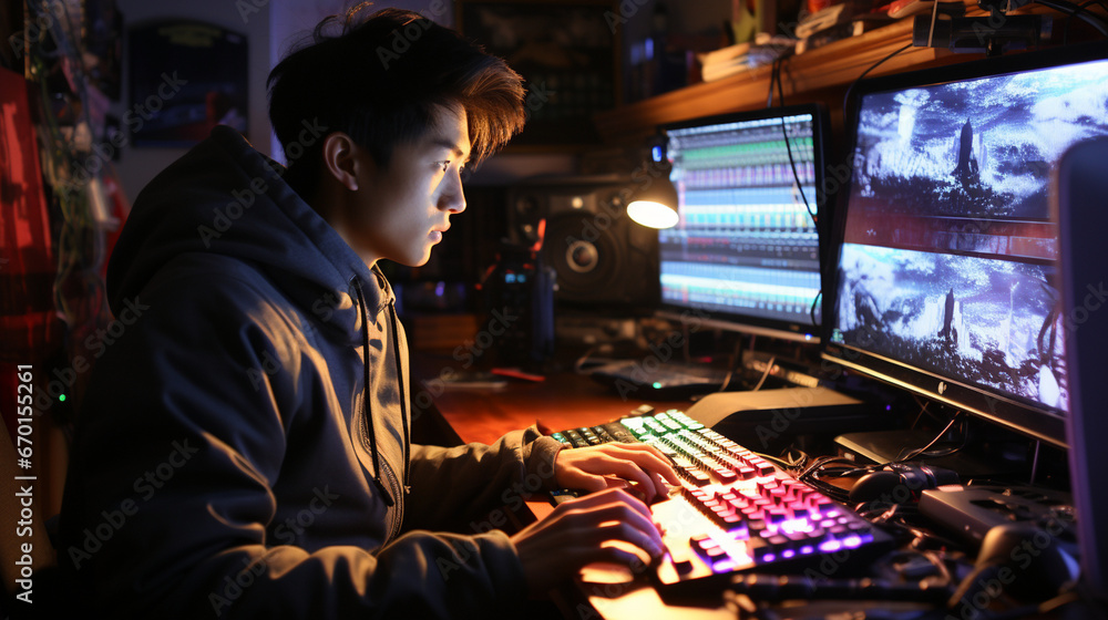 Fototapeta premium A digital native teenager editing a video on a high-performance computer with multiple monitors