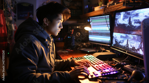 A digital native teenager editing a video on a high-performance computer with multiple monitors