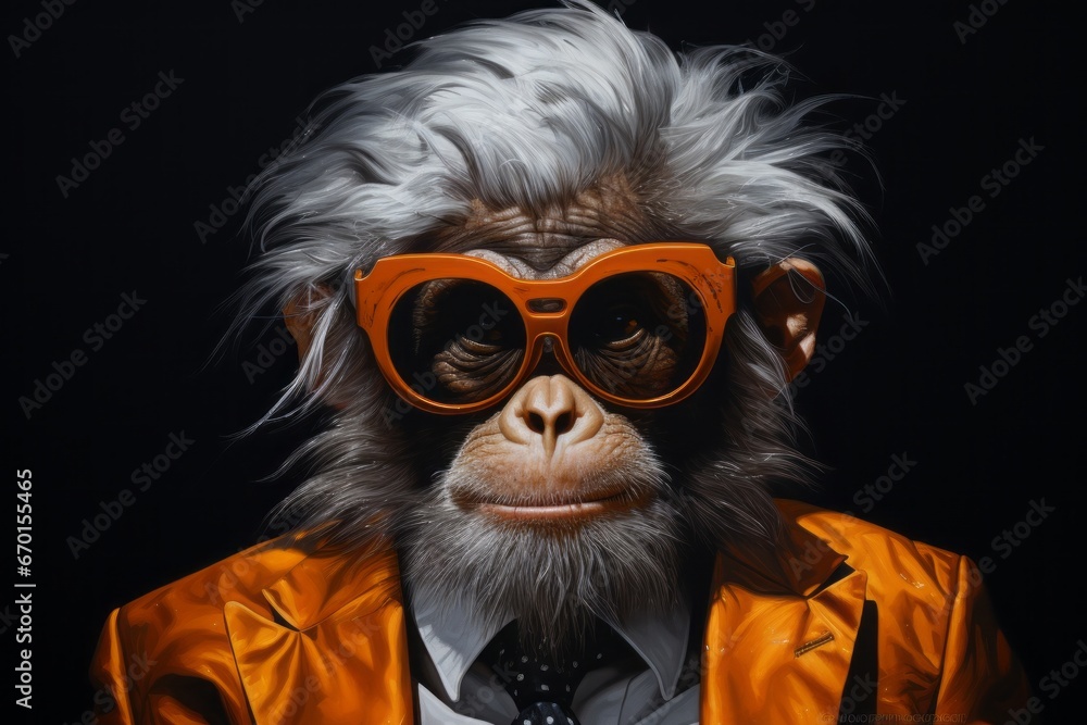 business monkey dressed in a suit with orange glasses, in the style of hyperrealistic paintings business monkey dressed in a suit with orange glasses, in the style of hyperrealistic paintings