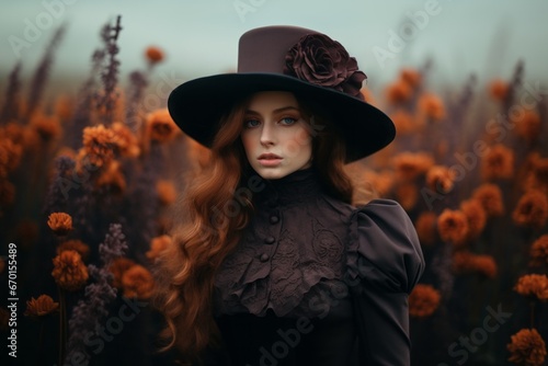  woman in a hat in a field of flowers, in the style of dark romanticism