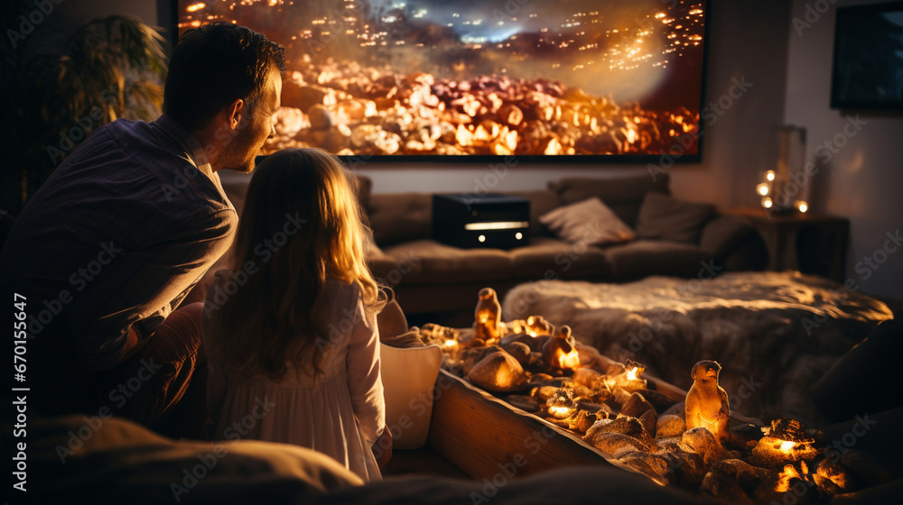 A family watching a digital projector screen on a cozy movie night at home A family watching a digital projector screen on a cozy movie night at home