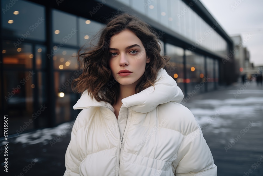 Portrait of a female model, street background, winter scene, beautiful shot Portrait of a female model, street background, winter scene, beautiful shot