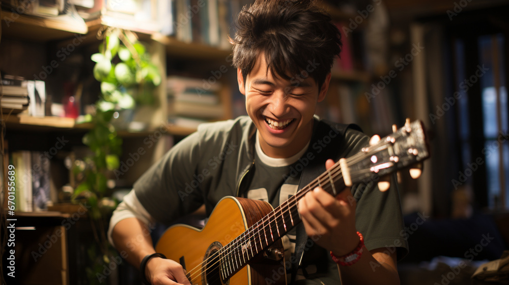 Fototapeta premium A teenager learning to play a musical instrument with the help of digital tutorials