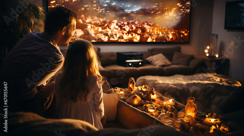 A family watching a digital projector screen on a cozy movie night at home photo