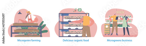 Isolated Elements With Characters Growing Greenery, People Tending To Shelves Of Vibrant Microgreens, Nurture Plants