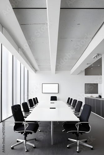 An elegant and empty meeting boardroom with a presentation A conference table with a big TV screen