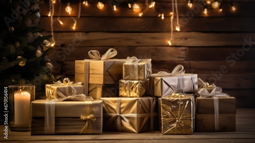 Celebrate the joy of giving with a beautiful stack of Christmas gifts on a rustic wooden table background. The perfect image for the holiday season.