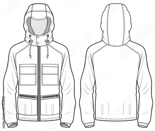 Protective Hoodie jacket design flat sketch Illustration, cargo pocket Hooded sweater jacket with front and back view, winter jacket for Men and women. for hiker, outerwear and workout in winter