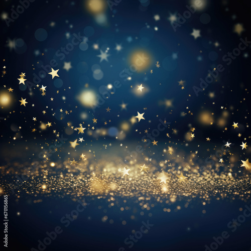 Abstract background with gold stars, particles and sparkling. Christmas Golden light shine particles bokeh on navy blue background. 2024 New year 