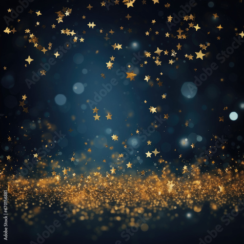 Abstract background with gold stars  particles and sparkling. Christmas Golden light shine particles bokeh on navy blue background. 2024 New year 