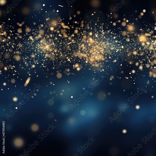 Abstract background with gold stars, particles and sparkling. Christmas Golden light shine particles bokeh on navy blue background. 2024 New year 