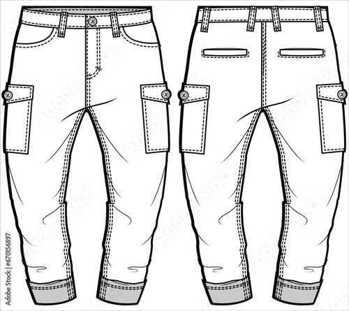 Men's Cropped cargo denim jeans trouser pants front and back view flat sketch fashion illustration, five pockets Cropped ankle length denim pants vector template, Banana cut jeans drawing