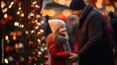 heartwarming moment of a father and his little daughter selecting the perfect Christmas tree at a bustling street market. A delightful image of family traditions during the winter holidays
