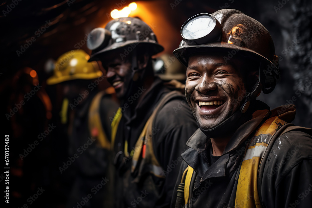 Brutal multiracial miners in safety helmets in a mine extract minerals coal Brutal multiracial miners in safety helmets in a mine extract minerals coal