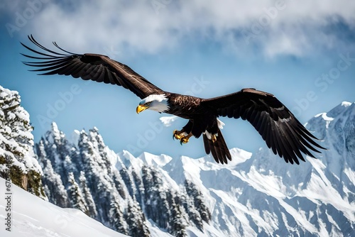  eagle in flight over snow-covered mountain