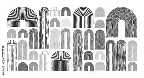 Mid century arch elements, modern geometric shapes. Contemporary design, minimalist art. Hand drawn lines. Trendy design elements for wall decor, posters, books and covers. Vector illustration
