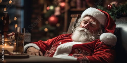 Bored and Sleepy Santa Claus Lazily Awaits Christmas Eve in a Sad and Gloomy Atmosphere of the Festive Season