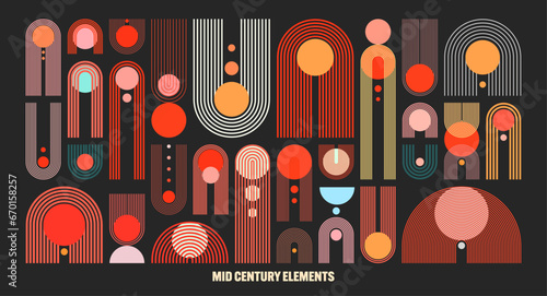 Mid century arch and circle elements, modern geometric shapes. Contemporary design, minimalist art. Trendy design elements for wall decor, posters, books, covers and flyers. Vector illustration
